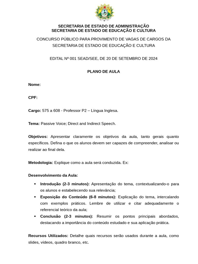 Plano de Aula para Concurso de Professor | PDF | Lição | Estado