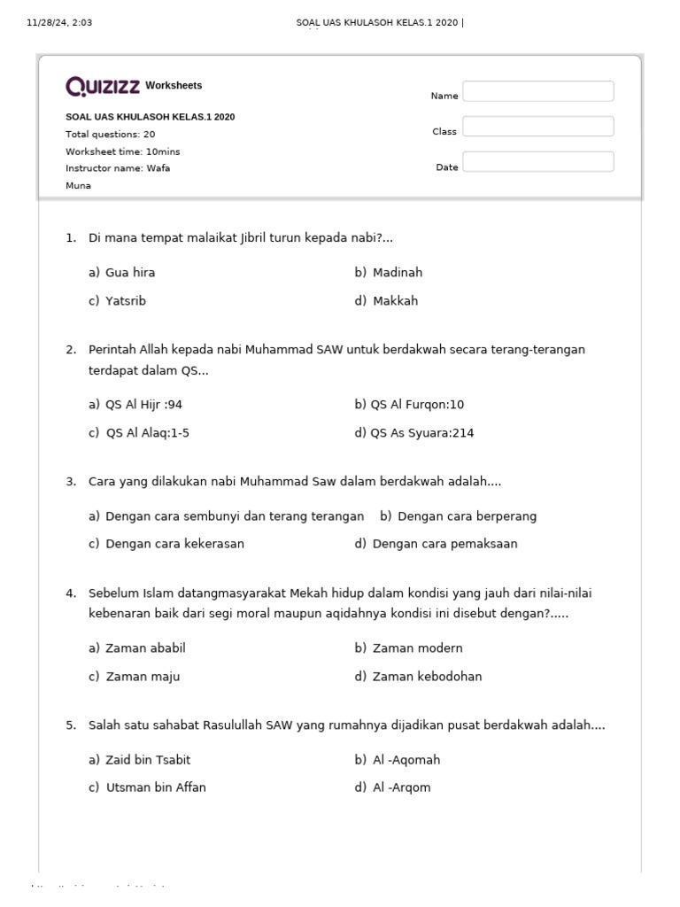 Soal uas khulasoh kelas 1 2020 quizizz pdf
