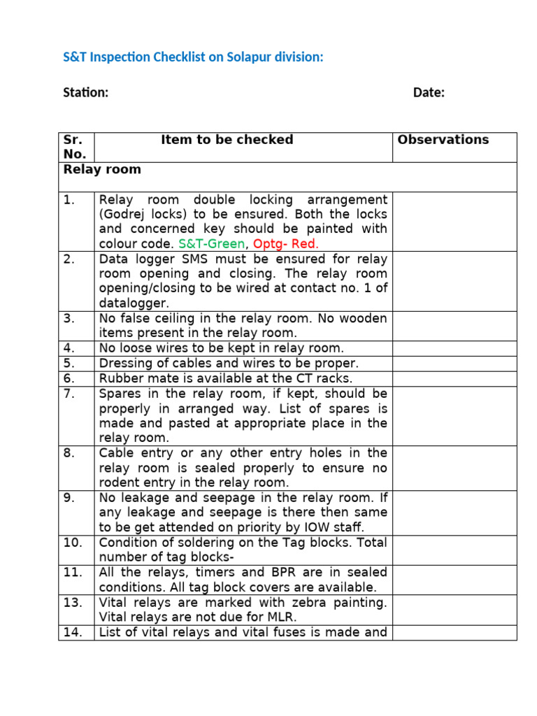S&T Inspection Checklist for Solapur Division | PDF | Power Supply | Relay