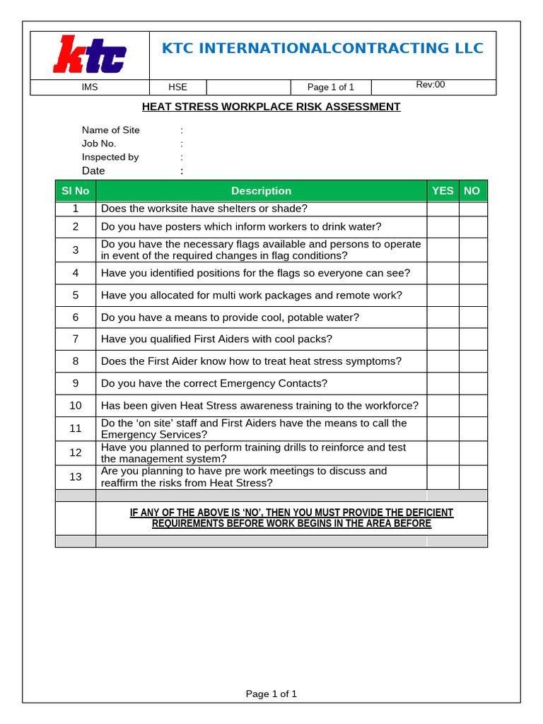 Heat Stress Workplace Risk Assessment | PDF
