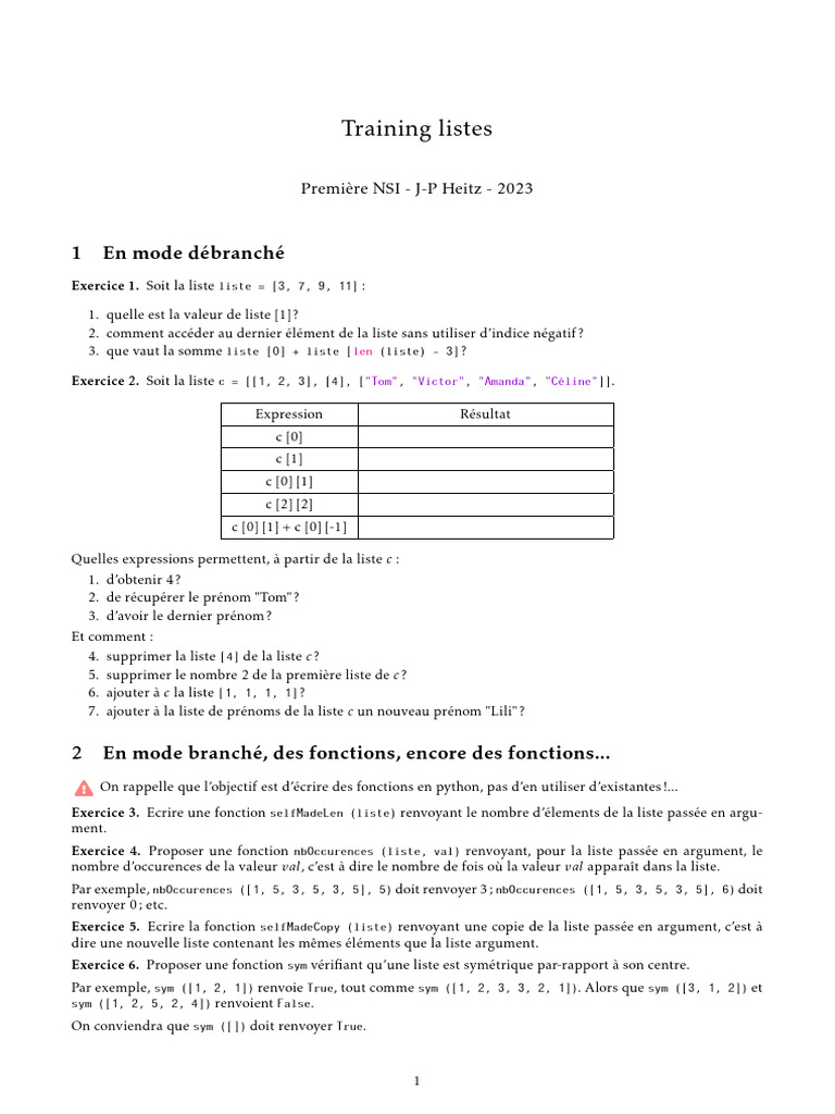 Exercices sur les listes en Python NSI | PDF