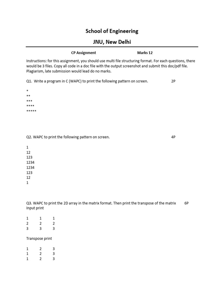 C Programming Patterns and Matrix Assignment | PDF