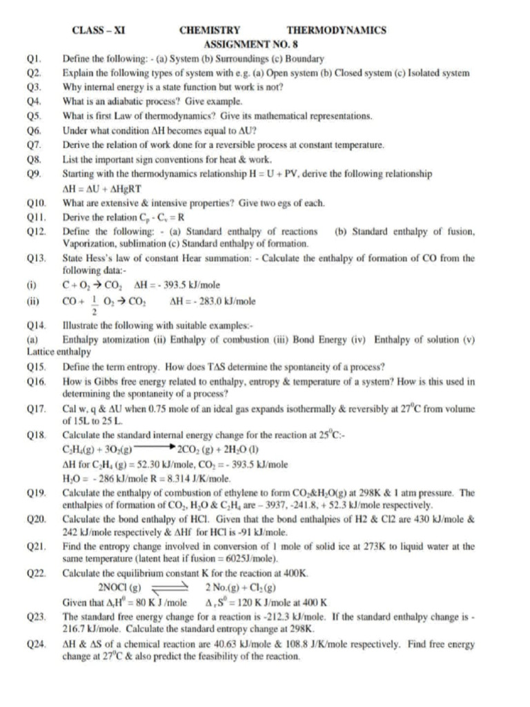 Thermodynamics Worksheet PDF Enthalpy Gibbs Free Energy