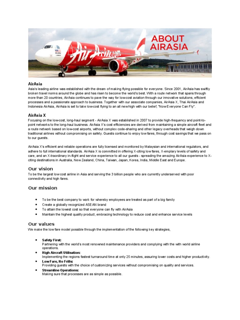 AirAsia Mission, Vision, and Values | PDF | Low Cost Carrier | Information