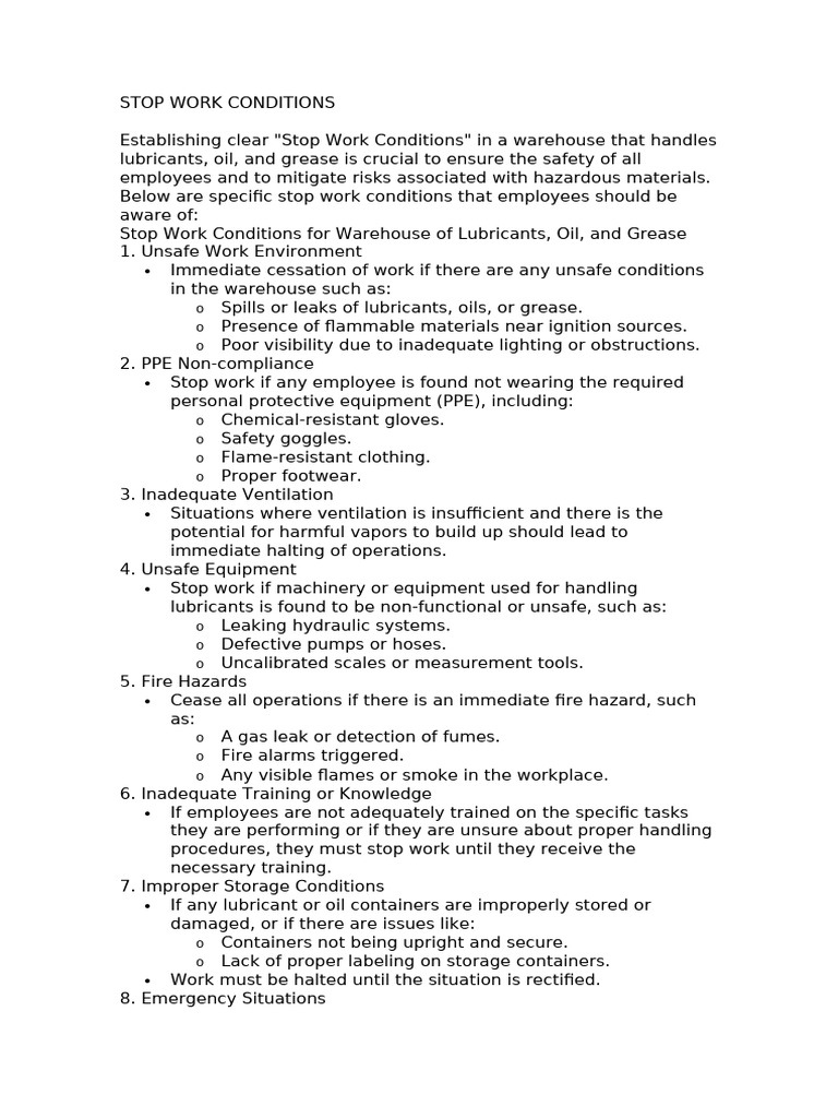 Stop Work Conditions Pdf Occupational Safety And Health Emergency