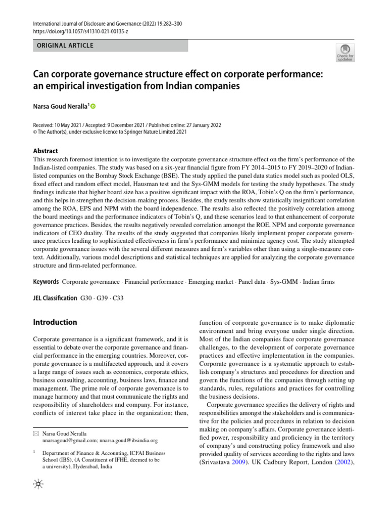 Corporate Governance Impact on Indian Firms | PDF | Governance ...