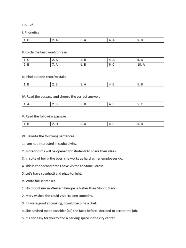 Test 26 Overview and Answers | PDF