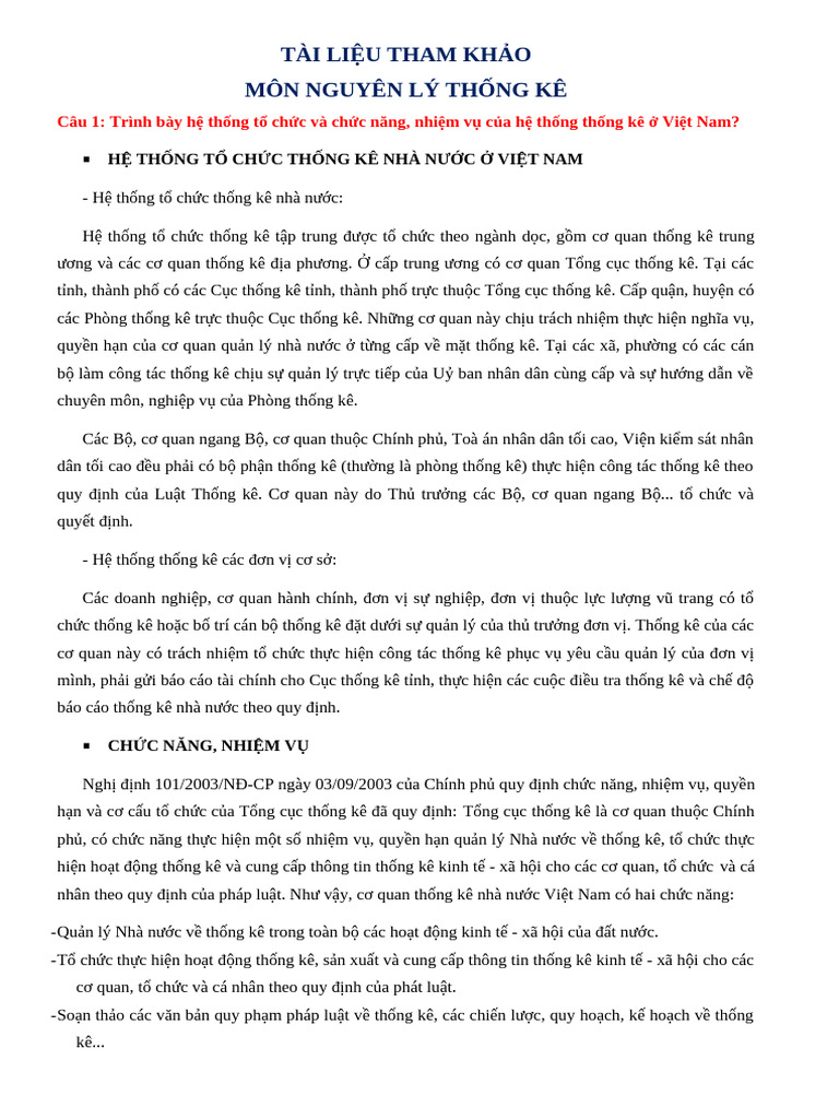 TLTK MÔN NGUYÊN LÝ THỐNG KÊ | PDF