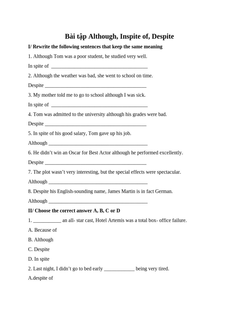 Exercises on Although and Despite | PDF