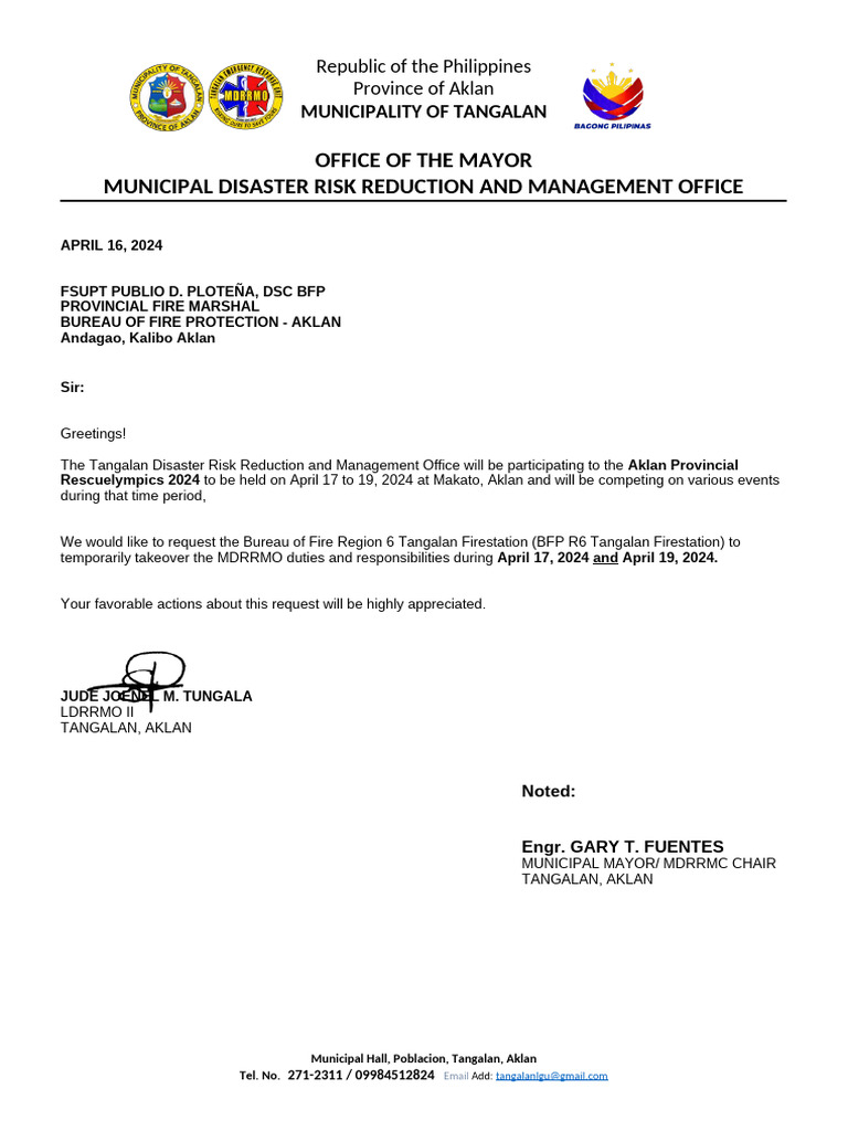 Tangalan MDRRMO Request for Rescuelympics | PDF