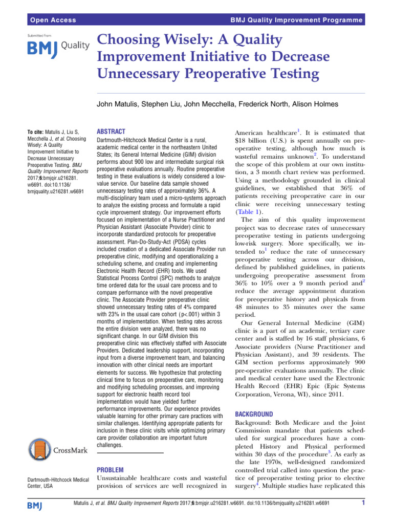 Choosing Wisely - A Quality Improvement Initiative To Decrease ...