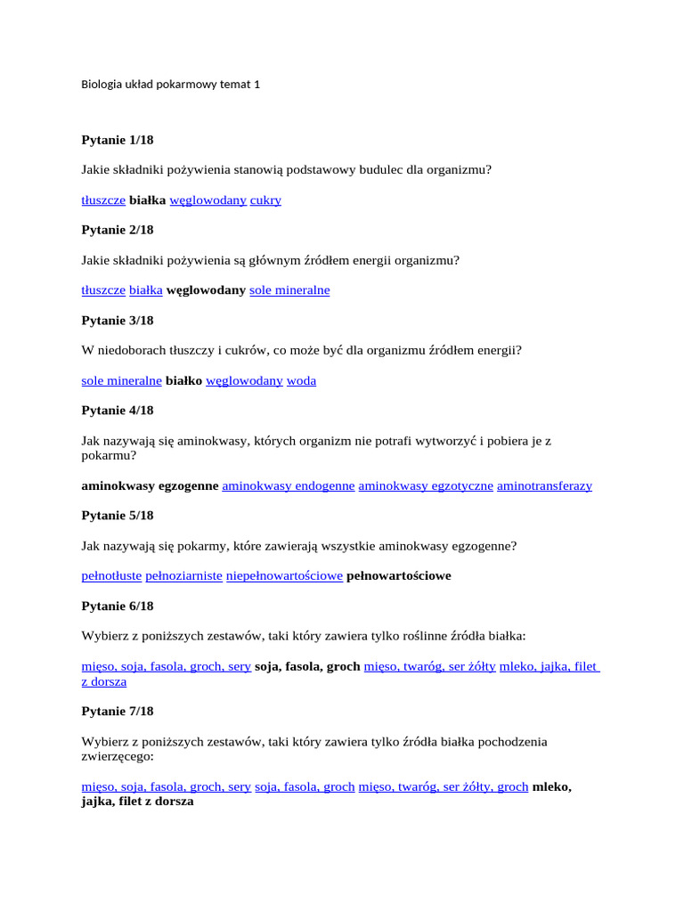 Układ Pokarmowy Test Klasa 7 Test Biologia Klas 7 Układ Pokarmowy Temat 1 | PDF