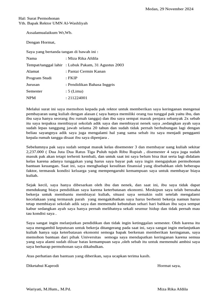 Permohonan Keringanan Uang Kuliah | PDF