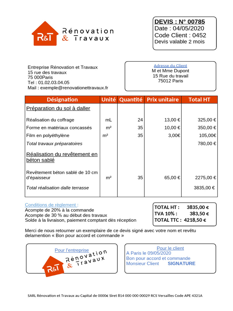 Exemple de devis pour travaux de rénovation | PDF | Matériaux de ...