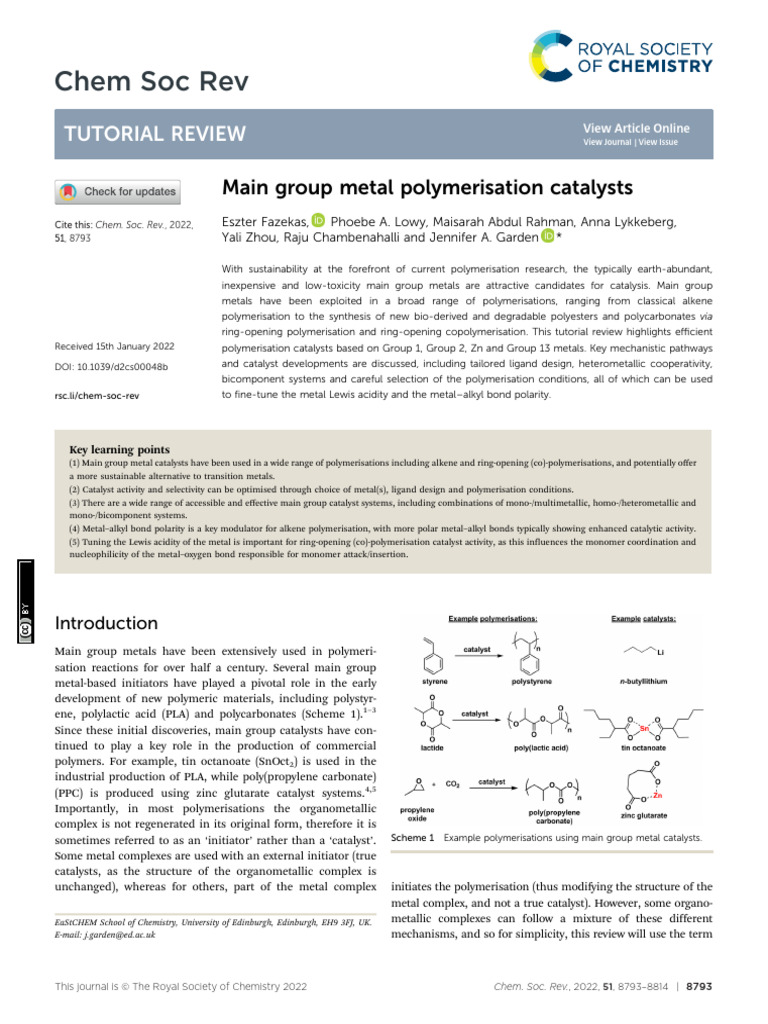 Chem. Soc. Rev., 2022, 51, 8793-8814 | PDF | Polymerization | Catalysis