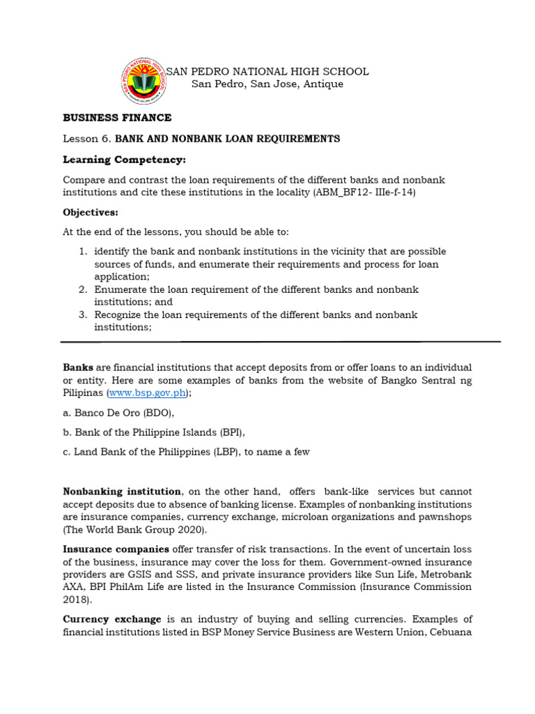 Lesson 6 bank and nonbank loan requirements pdf banks pawnbroker