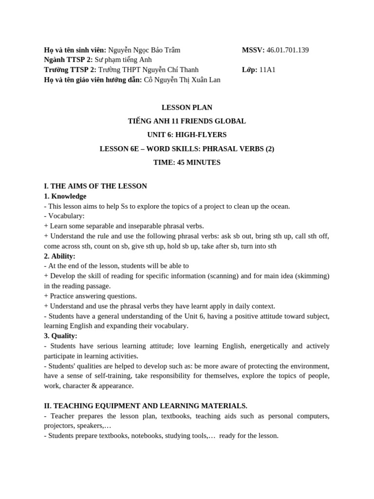 Phrasal Verbs in English Lesson Plan | PDF | Question | Teachers