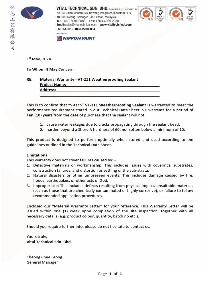 Material Warranty - Undertaking Letter & Template - VT-211 (24-01 ...