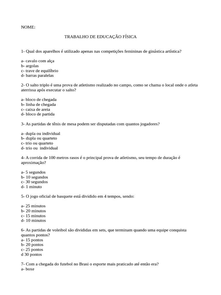 Quiz de Educação Física: Perguntas e Respostas | PDF