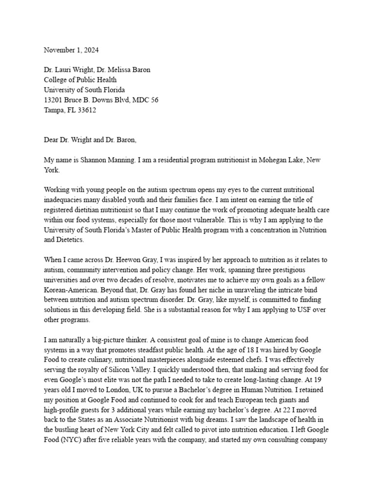 Letter of Intent USF (1) | PDF | Dietitian