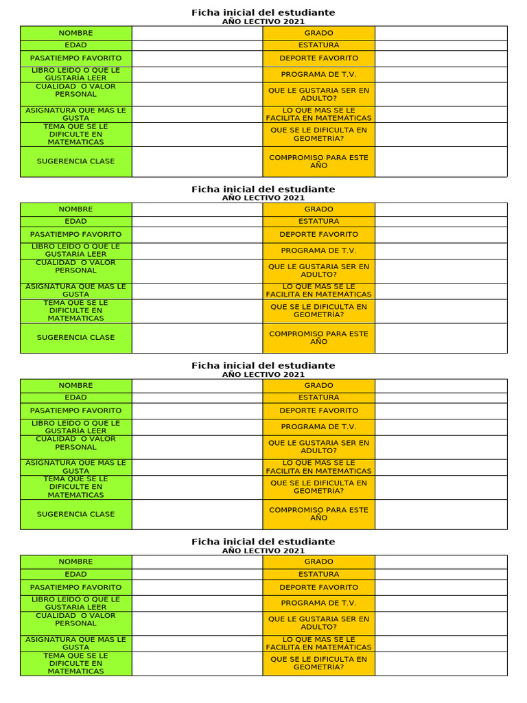 Ficha Inicial del Estudiante 2021 | PDF