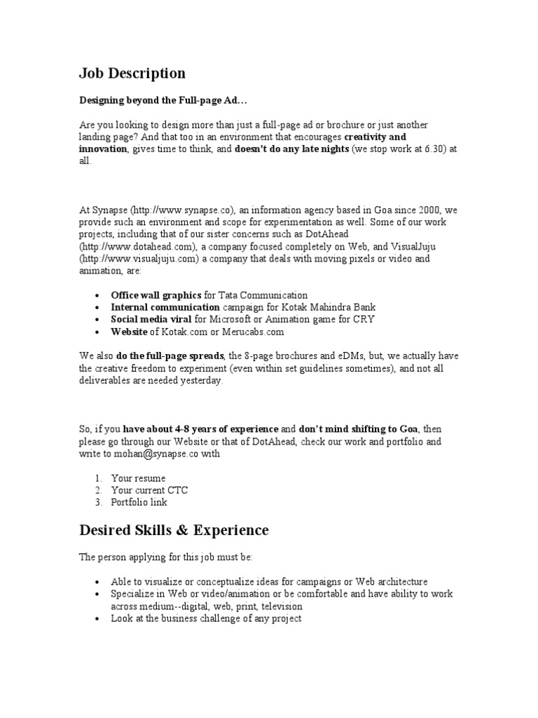 Creative Designer Position at Synapse Goa | PDF