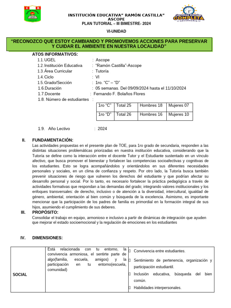 Plan Tutorial 2024 para 1ro Secundaria | PDF | Aprendizaje | Las emociones