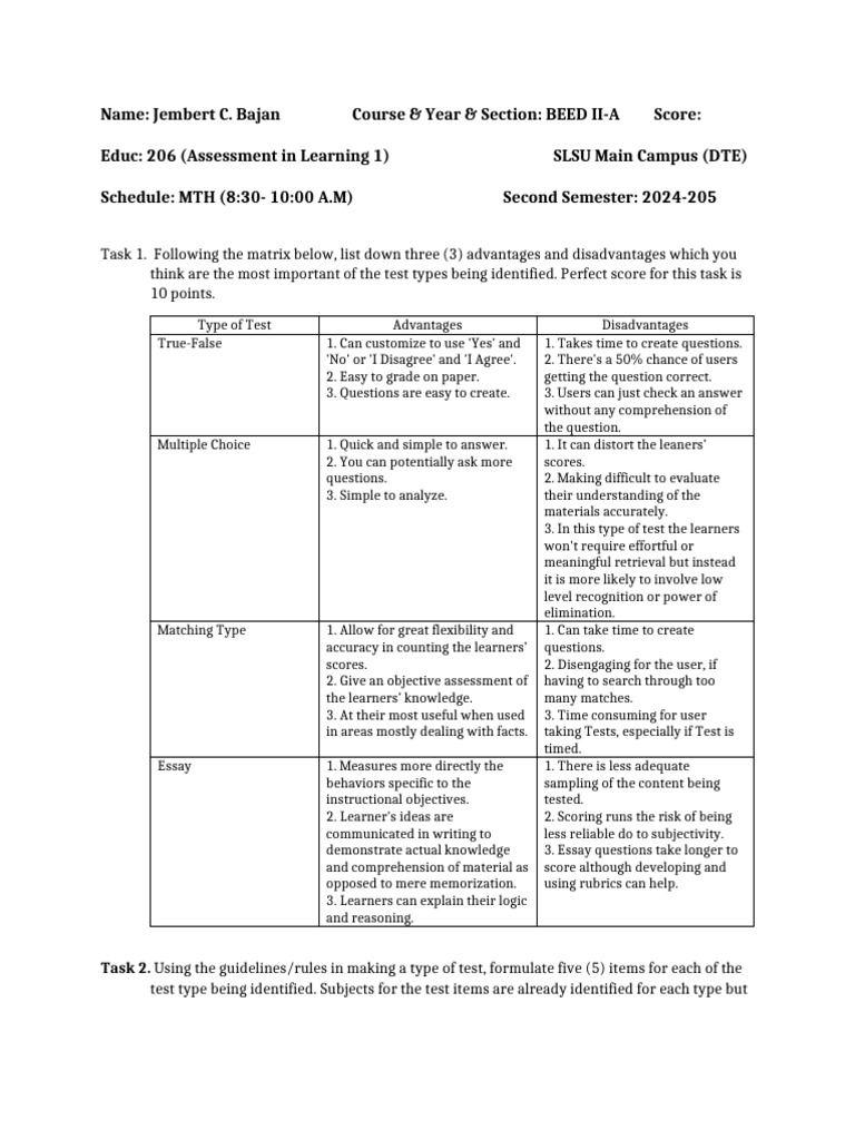 Assessment in Lesson 5 Answer | PDF | Learning