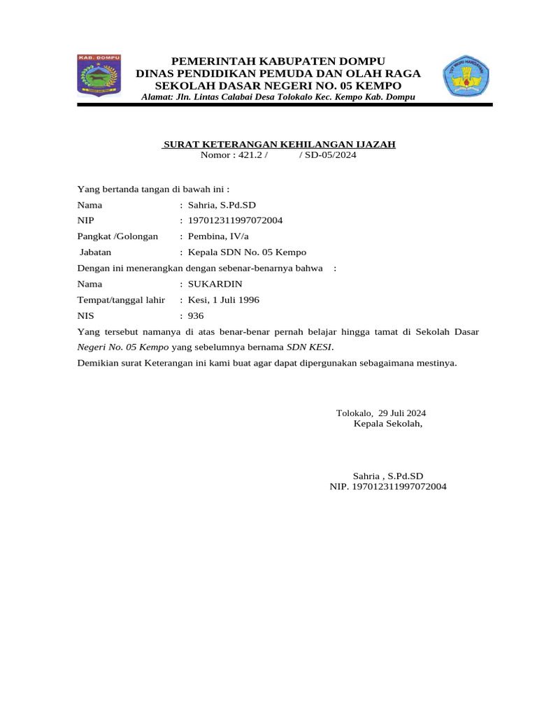Surat Keterangan Hilang Ijazah | PDF