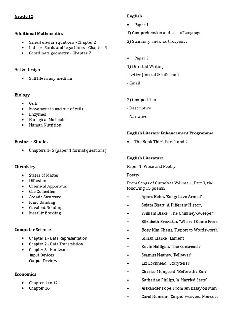 Grade IX Comprehensive Subject Guide | PDF | Chemical Bond | Foods