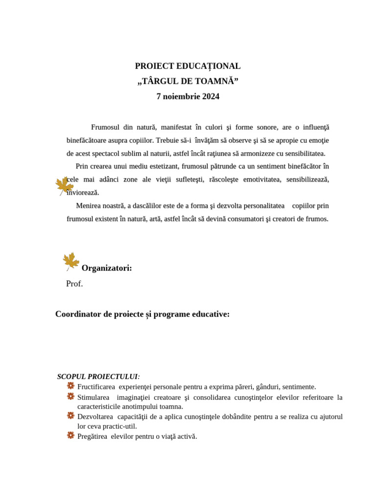 Proiect Educational Targul de Toamna | PDF