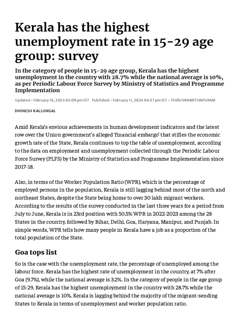 Kerala Has The Highest Unemployment Rate in 15-29 Age Group - Survey ...