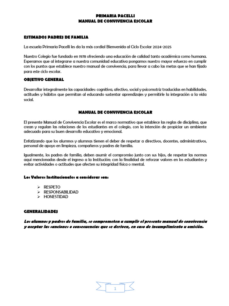 Manual de Convivencia Escolar 2024-2025 | PDF | Enseñando | Escuelas