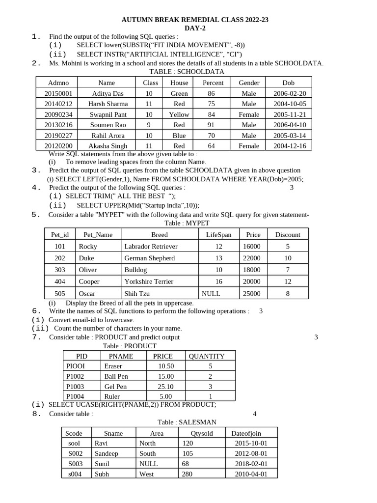 Day2 Practice Sheet | PDF | Sql | Computer Data