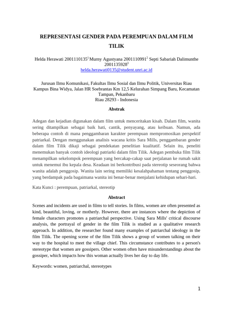 REPRESENTASI GENDER PADA PEREMPUAN DALAM FILM TILIK Word | PDF