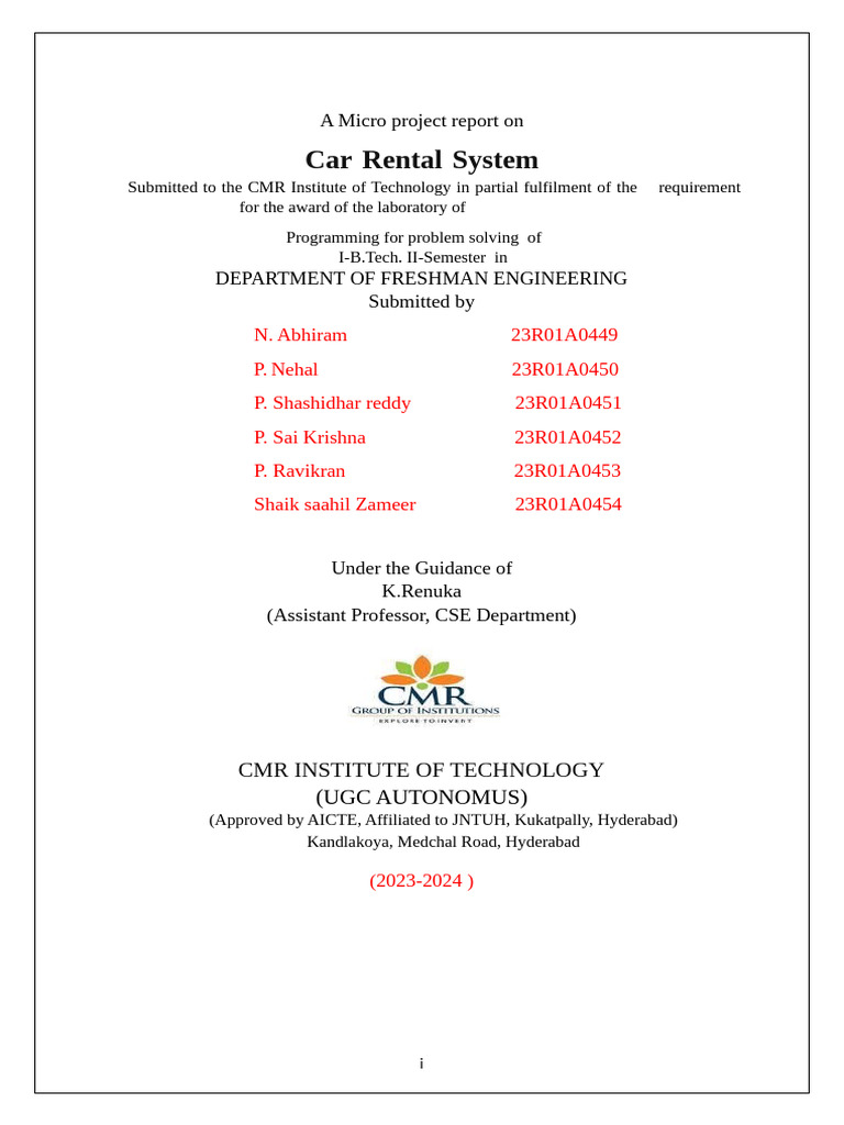 Car Rental System: A Micro Project Report On | PDF | Operating System ...