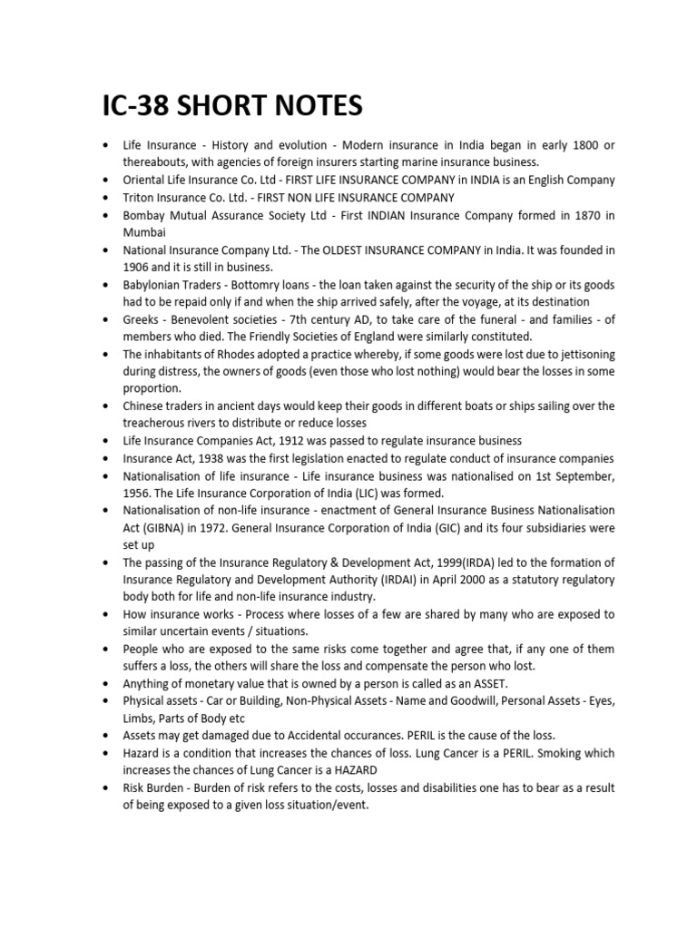 18 Pages IC-38 Short Notes | PDF | Insurance | Life Insurance