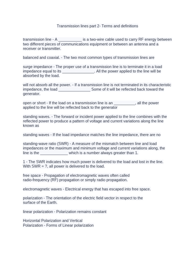 Transmission Lines: Key Terms & Definitions | PDF | Polarization (Waves ...