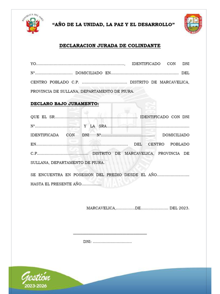Declaración Jurada de Colindante en Piura | PDF