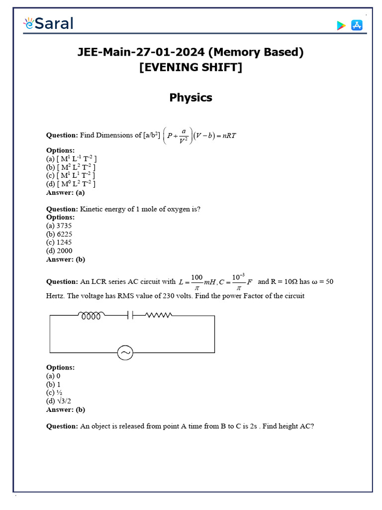 JEE Main 2024 (January 27 Shift 2) Physics Question Paper With
