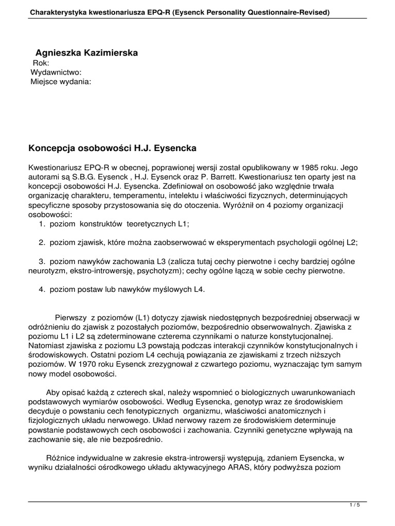 Charakterystyka Kwestionariusza Epq R em Eysenck Personality ...