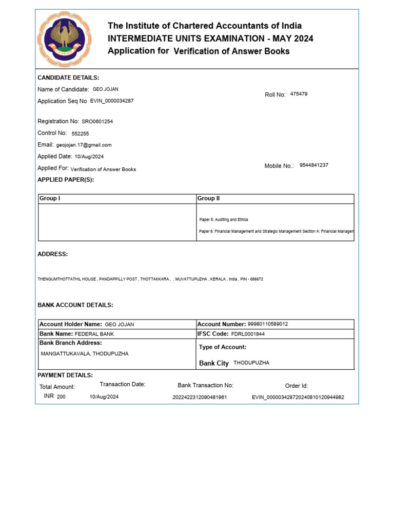 ICAI May 2024 Intermediate Exam Application | PDF