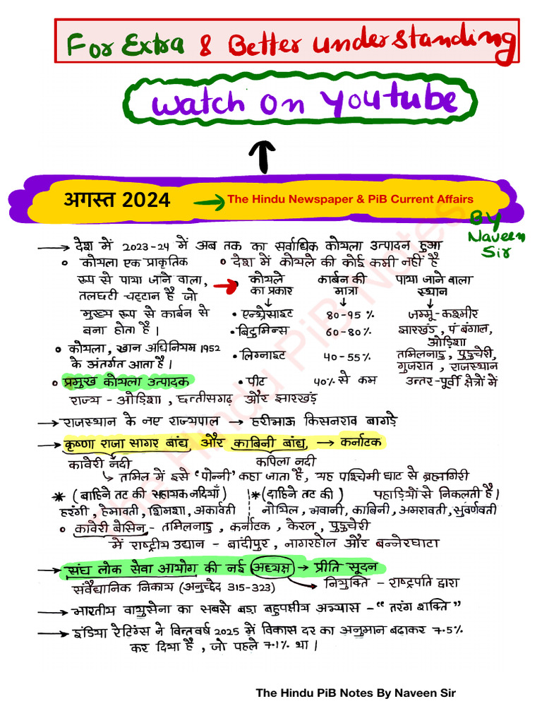 August 2024 - The Hindu PiB Notes (हिंदी) . | PDF