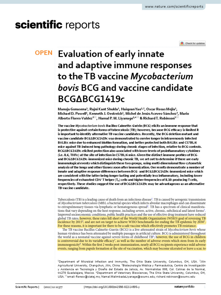 Evaluation of early innate and adaptive immune responses to the TB ...