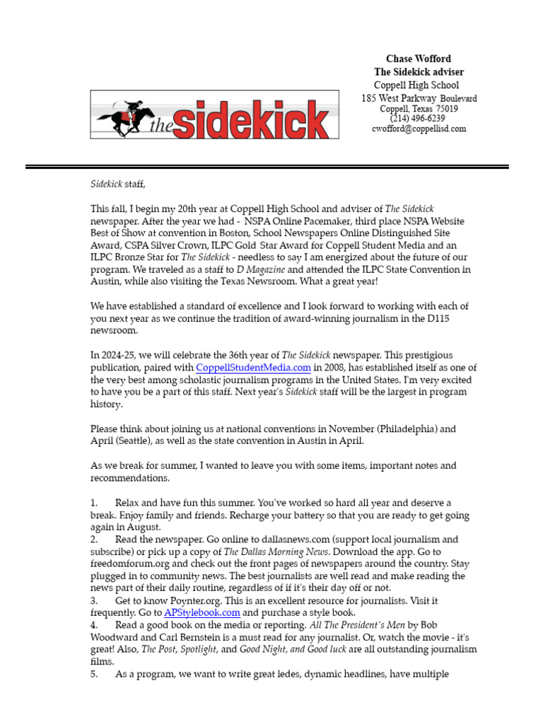 2024 Sidekick Summer Letter | PDF | News | Journalism