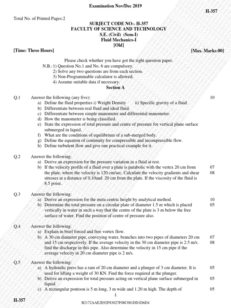 Btech Civil 3 Sem Fluid Mechanics 1 H 357 Dec 2019 | PDF | Pressure ...