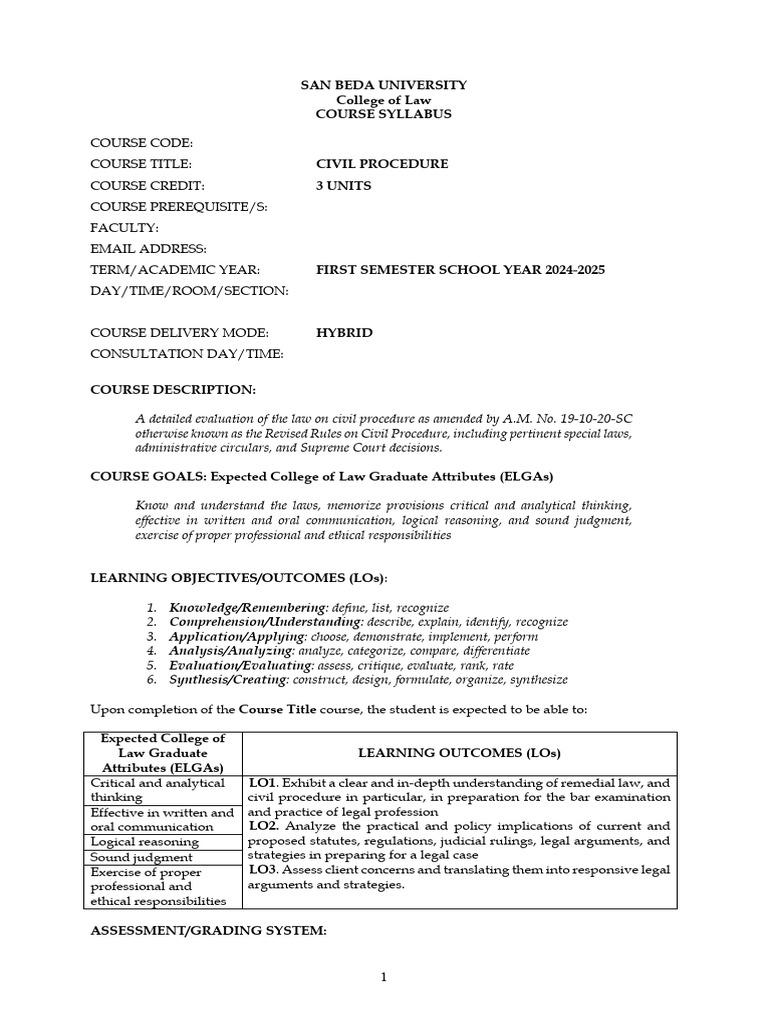 Civil Procedure 1 Syllabus Departmental 2024-2025 | PDF | Discovery ...