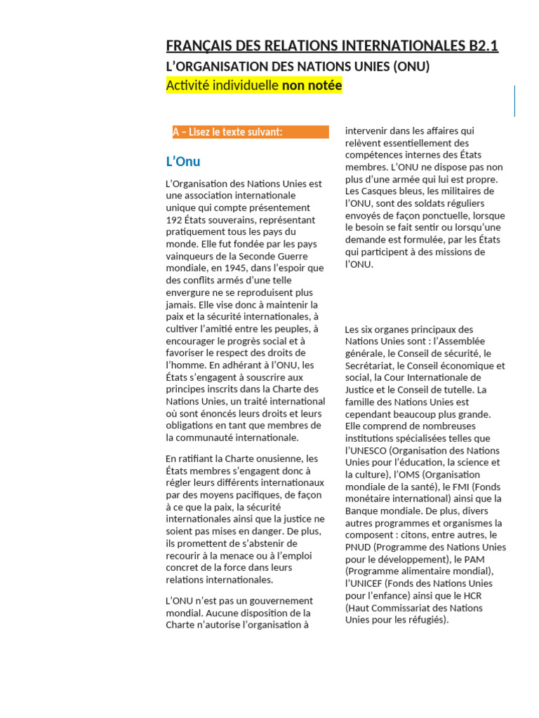 Comprendre l'ONU et ses missions | PDF | Nations unies | Relations ...