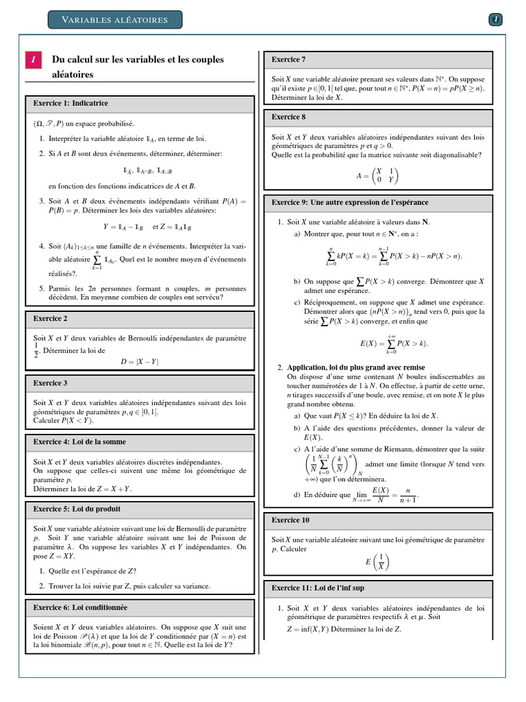 Exercices sur les Variables Aléatoires | PDF | Espérance mathématique ...