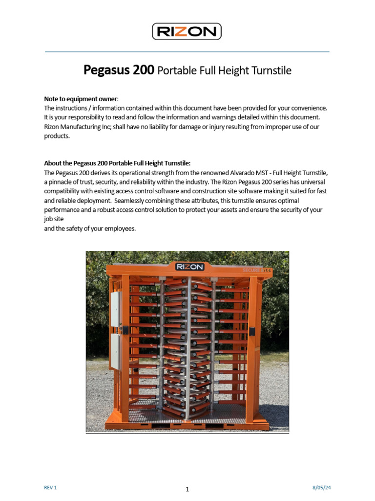 Pegasus 200 Turnstile User Manual | PDF | Access Control